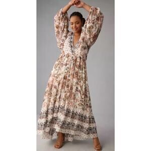 NWT Anthropologie V-Neck Long Maxi Tiered Ivory Floral Small Dress